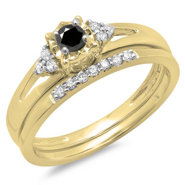 0.30 Carat (ctw) 14K Yellow Gold Round Black & White Diamond Ladies Split Shank Bridal Engagement Ring Set With Matching Band 1/3 CT