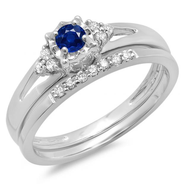 0.30 Carat (ctw) 10K White Gold Round Blue Sapphire & White Diamond Ladies Split Shank Bridal Engagement Ring Set With Matching Band 1/3 CT