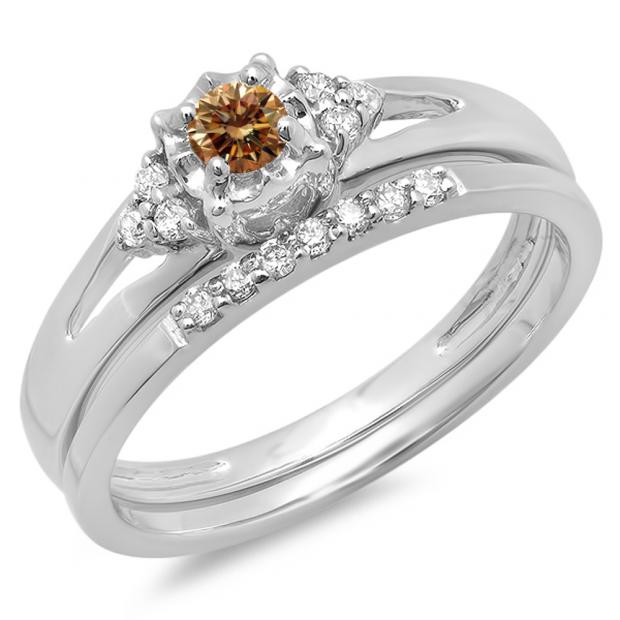 0.30 Carat (ctw) 18K White Gold Round Champagne & White Diamond Ladies Split Shank Bridal Engagement Ring Set With Matching Band 1/3 CT