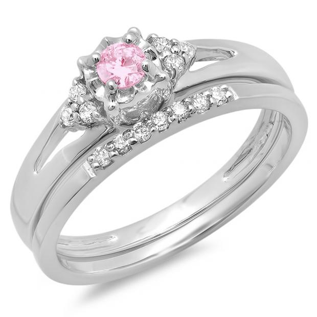 0.30 Carat (ctw) 18K White Gold Round Pink Sapphire & White Diamond Ladies Split Shank Bridal Engagement Ring Set With Matching Band 1/3 CT