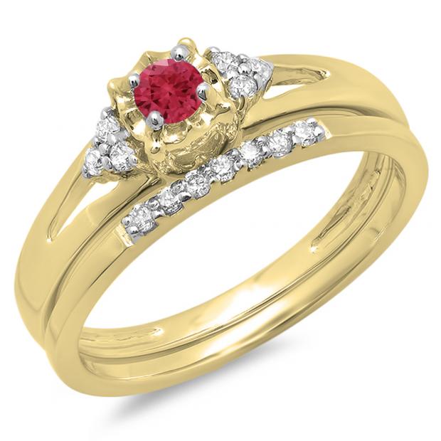 0.30 Carat (ctw) 10K Yellow Gold Round Red Ruby & White Diamond Ladies Split Shank Bridal Engagement Ring Set With Matching Band 1/3 CT