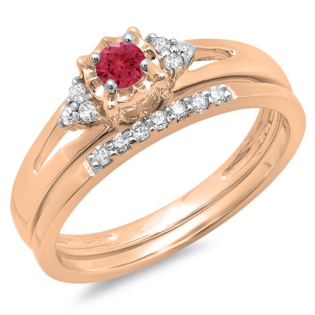 0.30 Carat (ctw) 18K Rose Gold Round Red Ruby & White Diamond Ladies Split Shank Bridal Engagement Ring Set With Matching Band 1/3 CT
