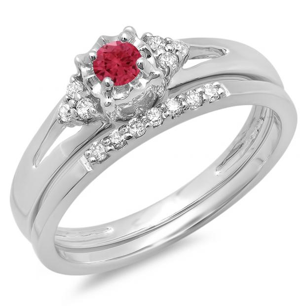 0.30 Carat (ctw) 18K White Gold Round Red Ruby & White Diamond Ladies Split Shank Bridal Engagement Ring Set With Matching Band 1/3 CT