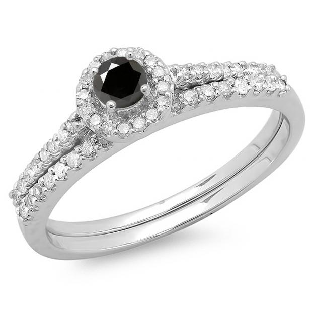 0.65 Carat (ctw) 10K White Gold Round Black & White Diamond Ladies Bridal Engagement Halo Ring With Matching Band Set