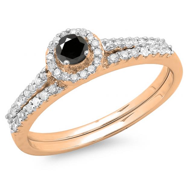0.65 Carat (ctw) 14K Rose Gold Round Black & White Diamond Ladies Bridal Engagement Halo Ring With Matching Band Set