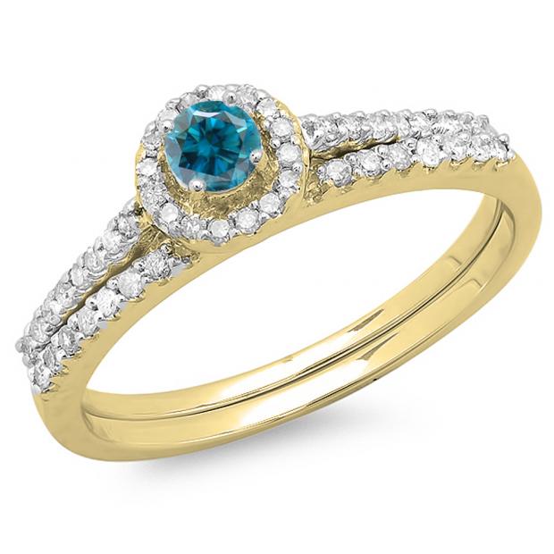 0.65 Carat (ctw) 10K Yellow Gold Round Blue & White Diamond Ladies Bridal Engagement Halo Ring With Matching Band Set