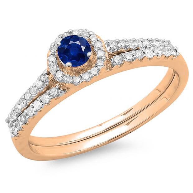 0.65 Carat (ctw) 10K Rose Gold Round Blue Sapphire & White Diamond Ladies Bridal Engagement Halo Ring With Matching Band Set