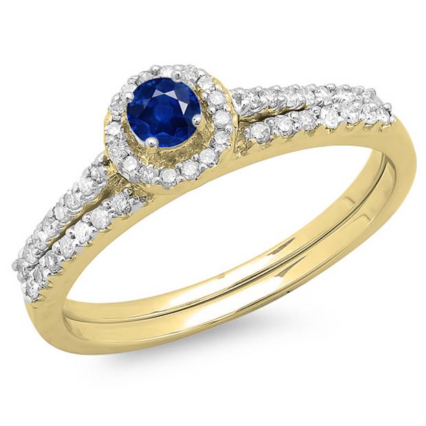 0.65 Carat (ctw) 14K Yellow Gold Round Blue Sapphire & White Diamond Ladies Bridal Engagement Halo Ring With Matching Band Set