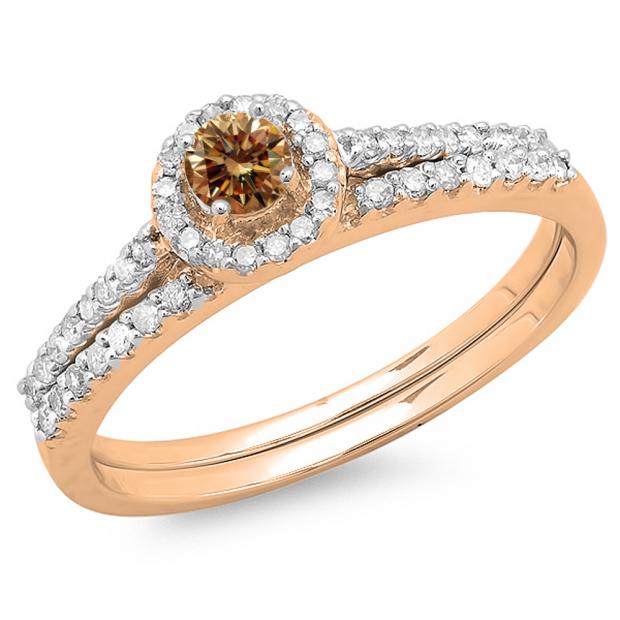 0.65 Carat (ctw) 10K Rose Gold Round Champagne & White Diamond Ladies Bridal Engagement Halo Ring With Matching Band Set