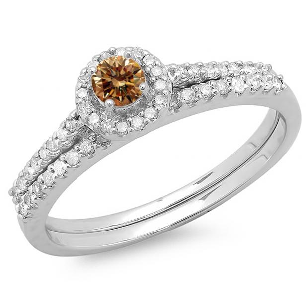 0.65 Carat (ctw) 10K White Gold Round Champagne & White Diamond Ladies Bridal Engagement Halo Ring With Matching Band Set