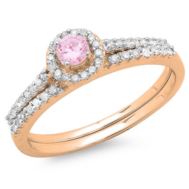 0.65 Carat (ctw) 10K Rose Gold Round Pink Sapphire & White Diamond Ladies Bridal Engagement Halo Ring With Matching Band Set