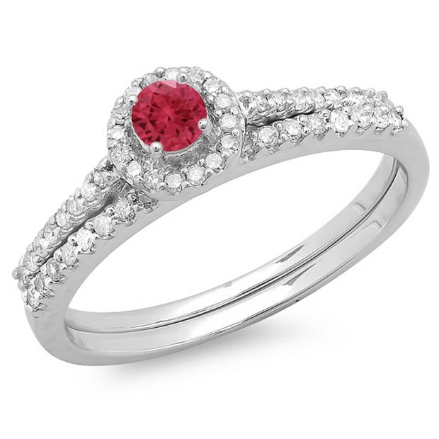 0.65 Carat (ctw) 14K White Gold Round Red Ruby & White Diamond Ladies Bridal Engagement Halo Ring With Matching Band Set