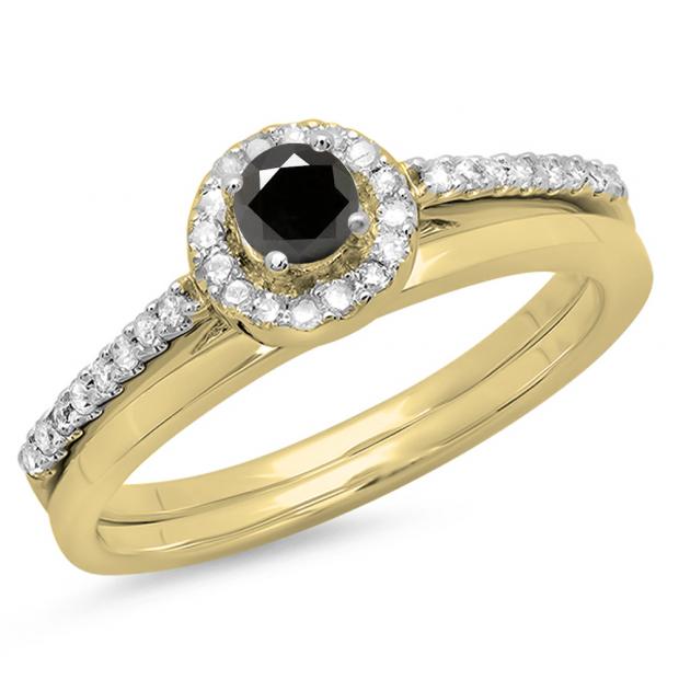 0.50 Carat (ctw) 10K Yellow Gold Round Black & White Diamond Ladies Bridal Engagement Halo Ring With Matching Band Set 1/2 CT