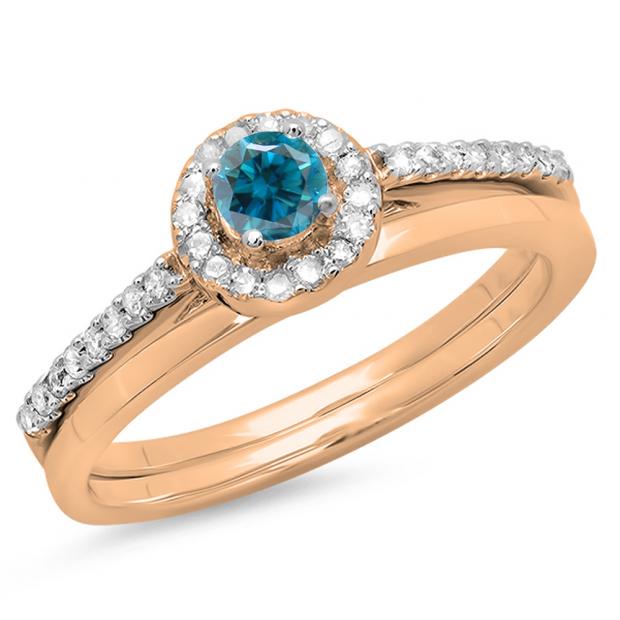 0.50 Carat (ctw) 10K Rose Gold Round Blue & White Diamond Ladies Bridal Engagement Halo Ring With Matching Band Set 1/2 CT
