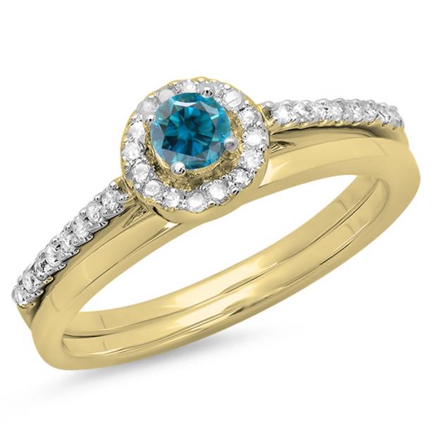 0.50 Carat (ctw) 10K Yellow Gold Round Blue & White Diamond Ladies Bridal Engagement Halo Ring With Matching Band Set 1/2 CT