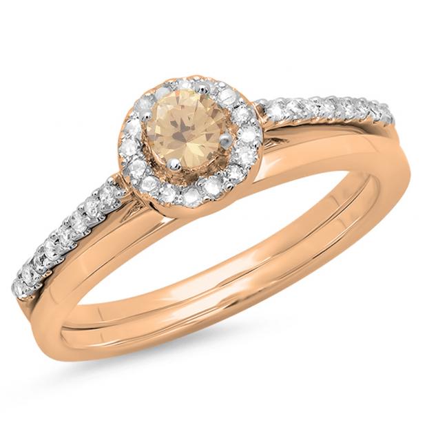 0.50 Carat (ctw) 14K Rose Gold Round Champagne & White Diamond Ladies Bridal Engagement Halo Ring With Matching Band Set 1/2 CT