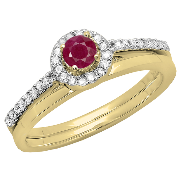 0.50 Carat (ctw) 10K Yellow Gold Round Red Ruby & White Diamond Ladies Bridal Engagement Halo Ring With Matching Band Set 1/2 CT