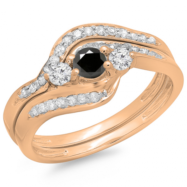 0.60 Carat (ctw) 10K Rose Gold Real Round Black & White Diamond Ladies Swirl Style Bridal 3 Stone Engagement Ring With Matching Band Set