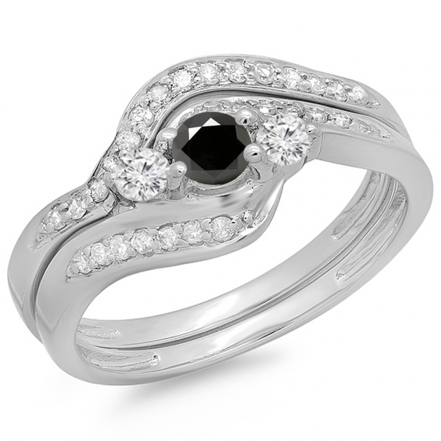 0.60 Carat (ctw) 10K White Gold Real Round Black & White Diamond Ladies Swirl Style Bridal 3 Stone Engagement Ring With Matching Band Set