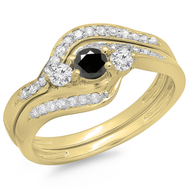 0.60 Carat (ctw) 10K Yellow Gold Real Round Black & White Diamond Ladies Swirl Style Bridal 3 Stone Engagement Ring With Matching Band Set