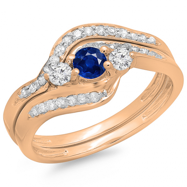 0.60 Carat (ctw) 14K Rose Gold Real Round Blue Sapphire & White Diamond Ladies Swirl Style Bridal 3 Stone Engagement Ring With Matching Band Set