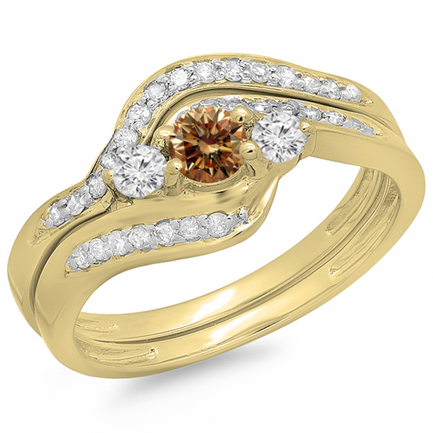 0.60 Carat (ctw) 10K Yellow Gold Real Round Champagne & White Diamond Ladies Swirl Style Bridal 3 Stone Engagement Ring With Matching Band Set