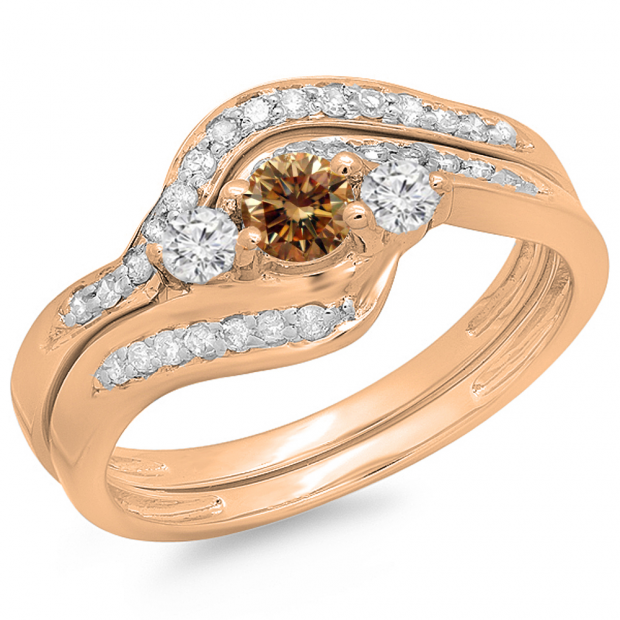 0.60 Carat (ctw) 14K Rose Gold Real Round Champagne & White Diamond Ladies Swirl Style Bridal 3 Stone Engagement Ring With Matching Band Set