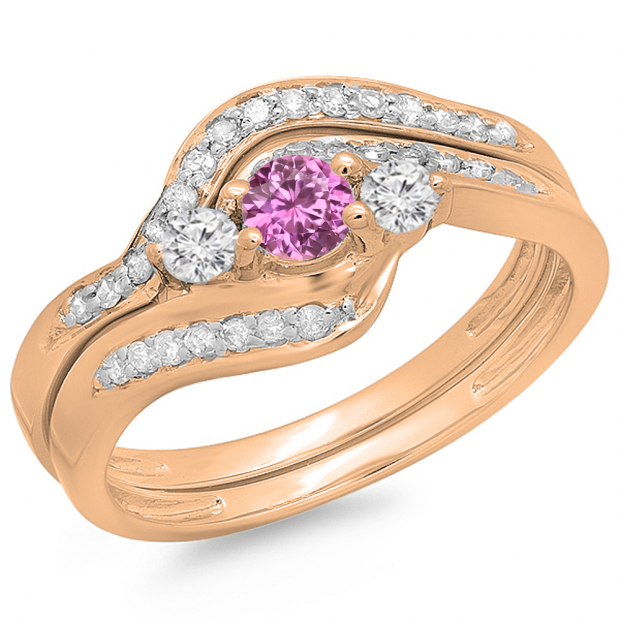 0.60 Carat (ctw) 10K Rose Gold Real Round Pink Sapphire & White Diamond Ladies Swirl Style Bridal 3 Stone Engagement Ring With Matching Band Set
