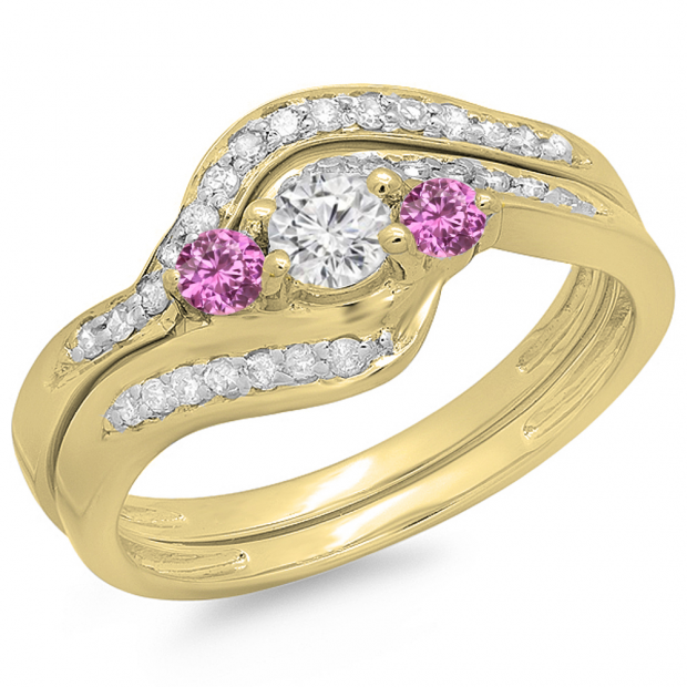 0.60 Carat (ctw) 10K Yellow Gold Real Round Pink Sapphire & White Diamond Ladies Swirl Style Bridal 3 Stone Engagement Ring With Matching Band Set