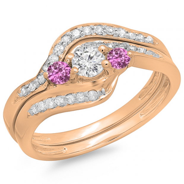 0.60 Carat (ctw) 14K Rose Gold Real Round Pink Sapphire & White Diamond Ladies Swirl Style Bridal 3 Stone Engagement Ring With Matching Band Set