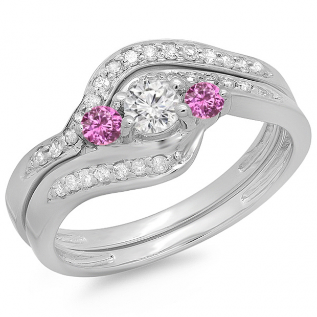 0.60 Carat (ctw) 14K White Gold Real Round Pink Sapphire & White Diamond Ladies Swirl Style Bridal 3 Stone Engagement Ring With Matching Band Set