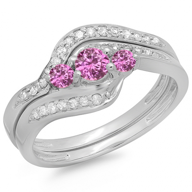 0.60 Carat (ctw) 10K White Gold Real Round Pink Sapphire & White Diamond Ladies Swirl Style Bridal 3 Stone Engagement Ring With Matching Band Set