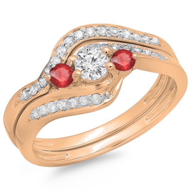 0.60 Carat (ctw) 10K Rose Gold Real Round Red Ruby & White Diamond Ladies Swirl Style Bridal 3 Stone Engagement Ring With Matching Band Set