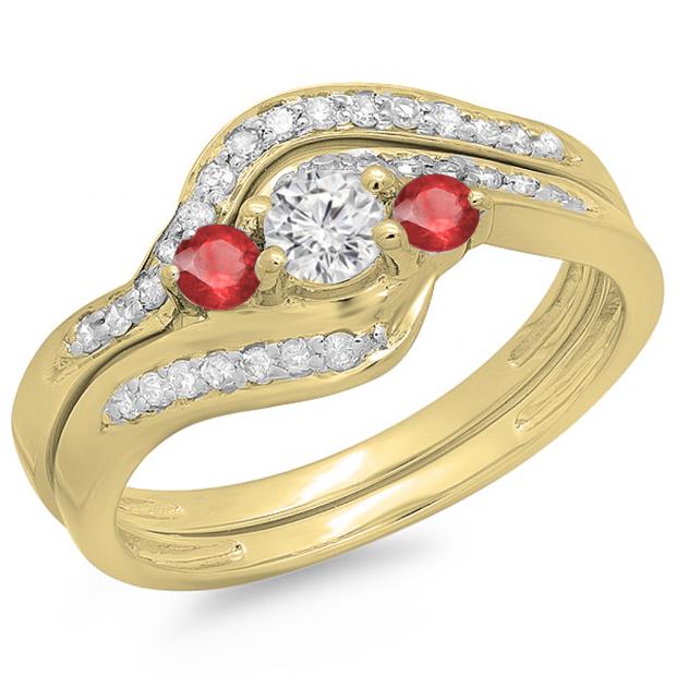 0.60 Carat (ctw) 14K Yellow Gold Real Round Red Ruby & White Diamond Ladies Swirl Style Bridal 3 Stone Engagement Ring With Matching Band Set