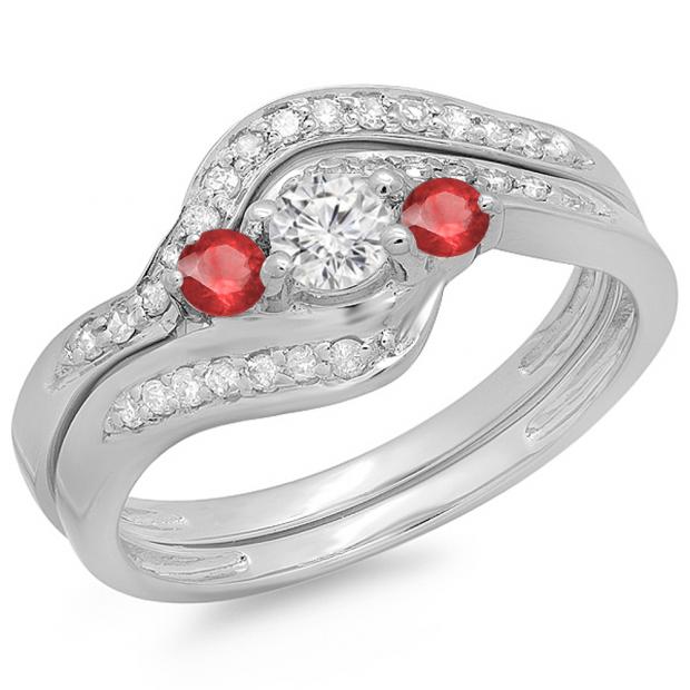 0.60 Carat (ctw) 18K White Gold Real Round Red Ruby & White Diamond Ladies Swirl Style Bridal 3 Stone Engagement Ring With Matching Band Set