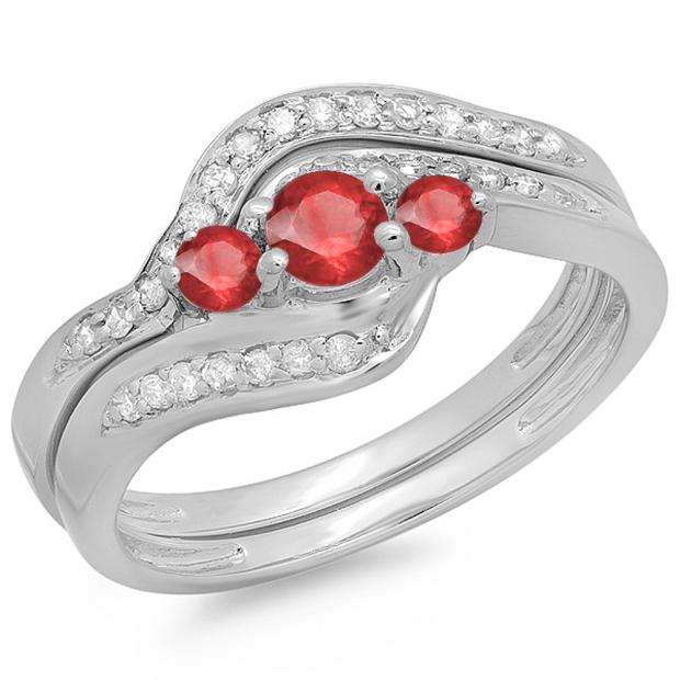 0.60 Carat (ctw) 14K White Gold Real Round Red Ruby & White Diamond Ladies Swirl Style Bridal 3 Stone Engagement Ring With Matching Band Set