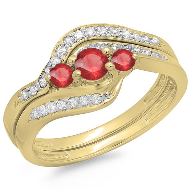 0.60 Carat (ctw) 14K Yellow Gold Real Round Red Ruby & White Diamond Ladies Swirl Style Bridal 3 Stone Engagement Ring With Matching Band Set