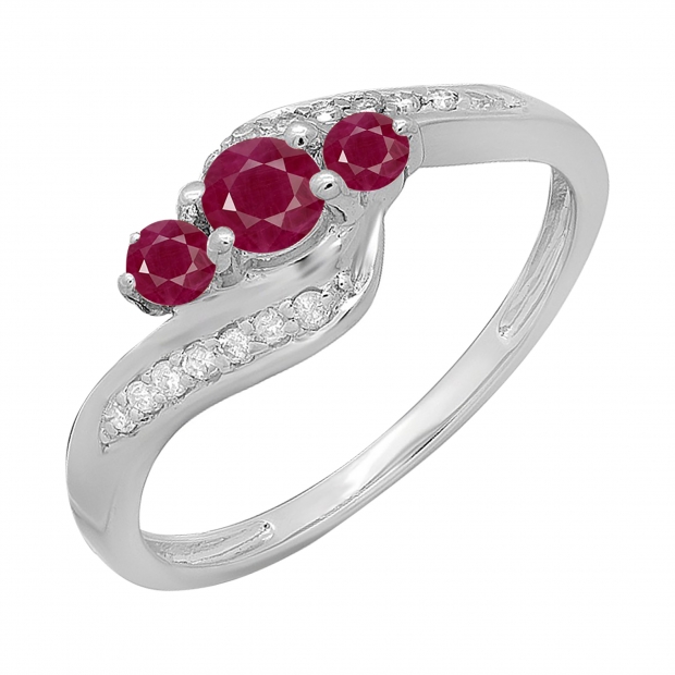 14K White Gold Real Round Red Ruby & White Diamond Ladies Swirl Style Bridal 3 Stone Engagement Wedding Band