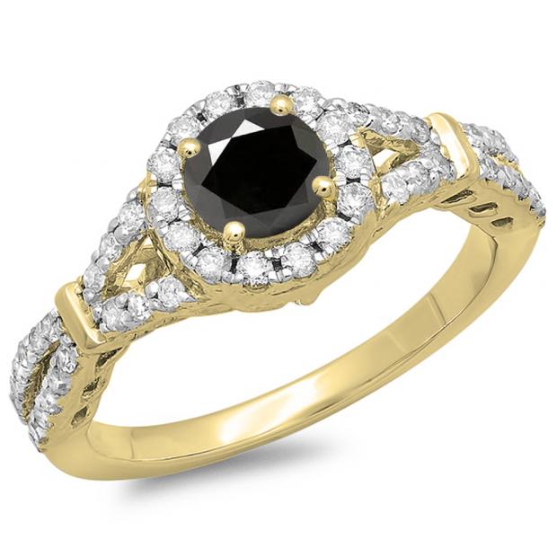 1.00 Carat (ctw) 10K Yellow Gold Round Black & White Diamond Ladies Split Shank Bridal Engagement Halo Ring 1 CT