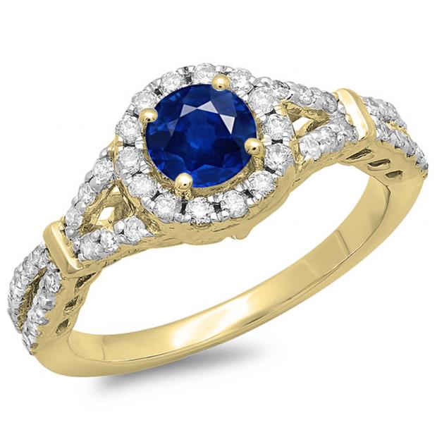 1.00 Carat (ctw) 10K Yellow Gold Round Blue Sapphire & White Diamond Ladies Split Shank Bridal Engagement Halo Ring 1 CT