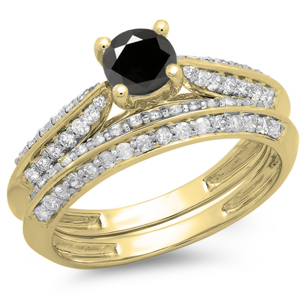 1.00 Carat (ctw) 10K Yellow Gold Round Black & White Diamond Ladies Bridal Engagement Ring With Matching Band Set 1 CT