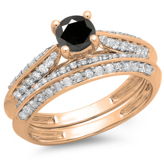 1.00 Carat (ctw) 14K Rose Gold Round Black & White Diamond Ladies Bridal Engagement Ring With Matching Band Set 1 CT