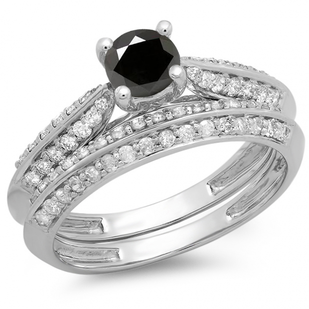 1.00 Carat (ctw) 14K White Gold Round Black & White Diamond Ladies Bridal Engagement Ring With Matching Band Set 1 CT
