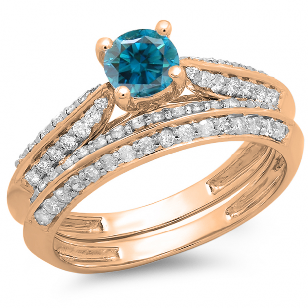 1.00 Carat (ctw) 10K Rose Gold Round Blue & White Diamond Ladies Bridal Engagement Ring With Matching Band Set 1 CT