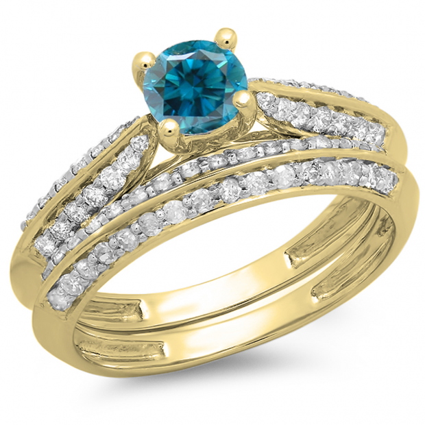 1.00 Carat (ctw) 10K Yellow Gold Round Blue & White Diamond Ladies Bridal Engagement Ring With Matching Band Set 1 CT
