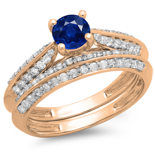 1.00 Carat (ctw) 10K Rose Gold Round Blue Sapphire & White Diamond Ladies Bridal Engagement Ring With Matching Band Set 1 CT