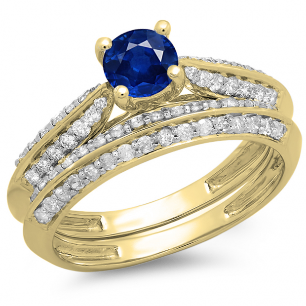 1.00 Carat (ctw) 10K Yellow Gold Round Blue Sapphire & White Diamond Ladies Bridal Engagement Ring With Matching Band Set 1 CT