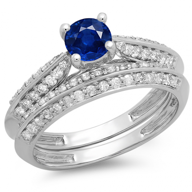 1.00 Carat (ctw) 14K White Gold Round Blue Sapphire & White Diamond Ladies Bridal Engagement Ring With Matching Band Set 1 CT