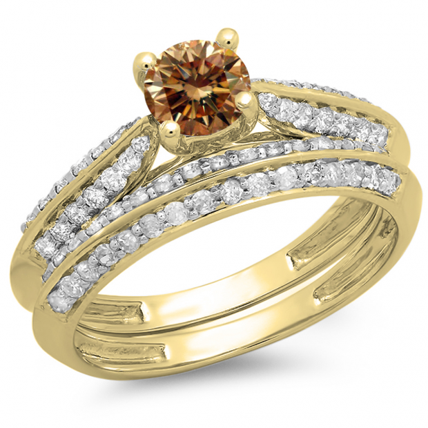 1.00 Carat (ctw) 10K Yellow Gold Round Champagne & White Diamond Ladies Bridal Engagement Ring With Matching Band Set 1 CT