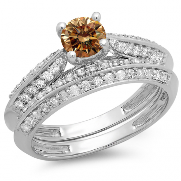 1.00 Carat (ctw) 14K White Gold Round Champagne & White Diamond Ladies Bridal Engagement Ring With Matching Band Set 1 CT